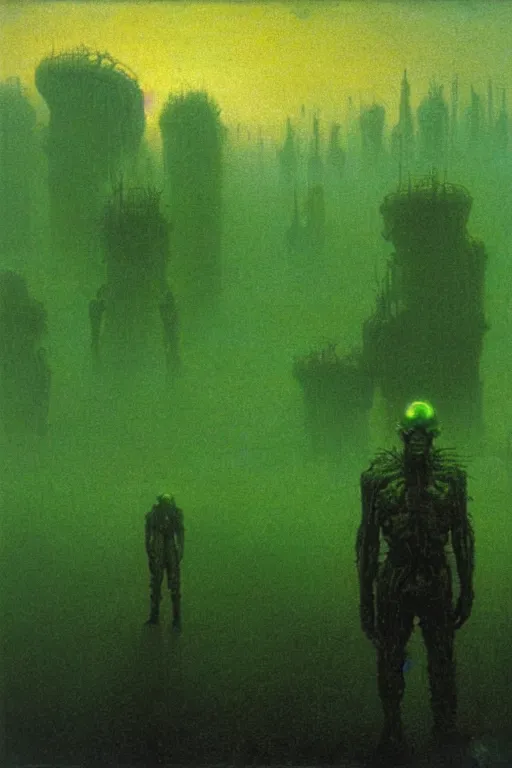 Prompt: glowing green alien crystals, polished green quartz surface irradiating radioactive zombie infested city, a brams tank, dark apocalyptic orange dust wasteland, beksinski