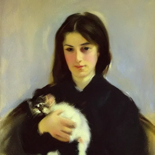 Image similar to “ dark haired girl holding a kitten, very detailed, oil painting, portrait, dark background, by john singer sargent ”