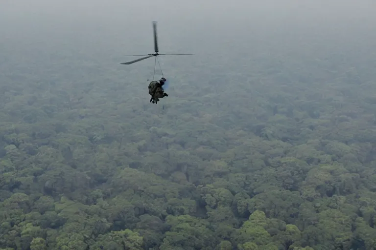 Prompt: bangladesh army commander jumping from a helicopter, cinematic shot, motion still, atmospheric