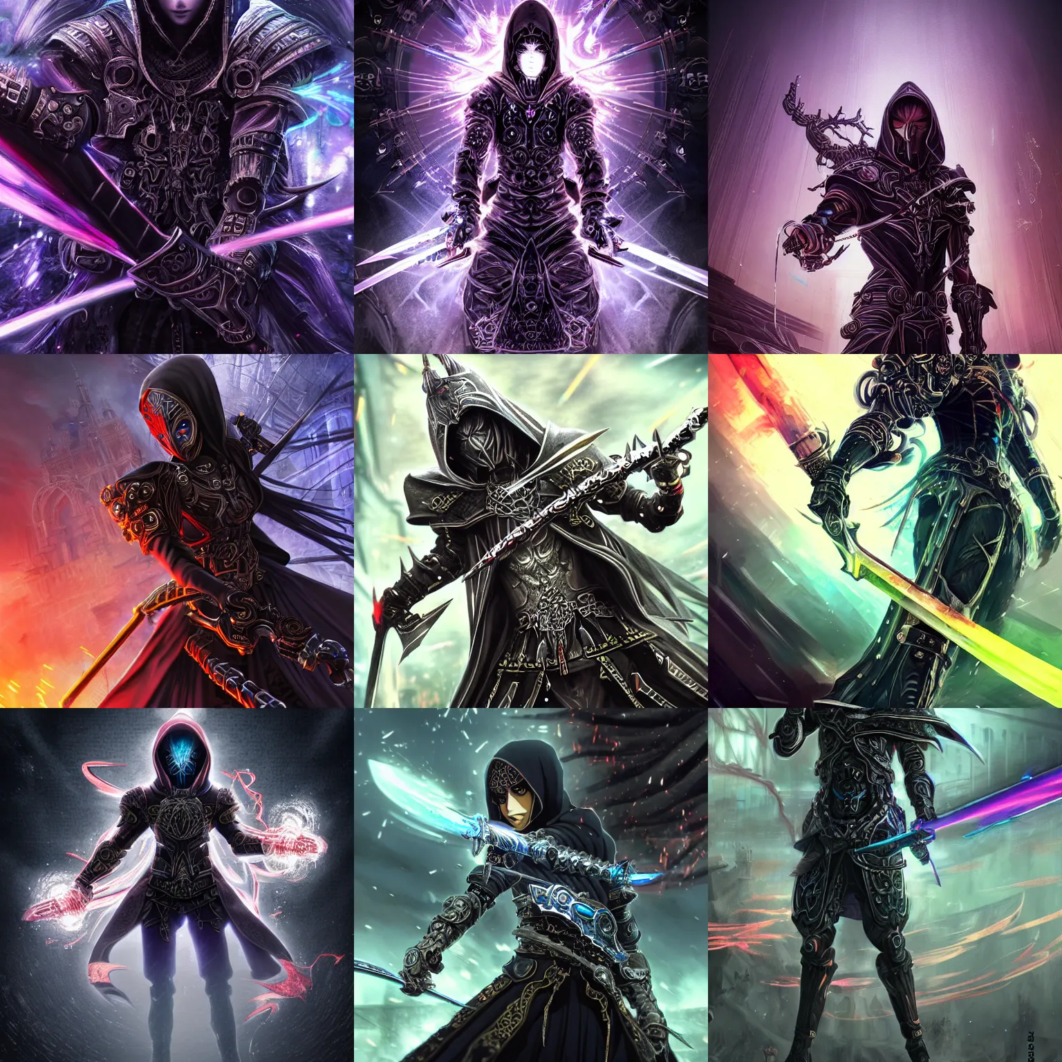 Prompt: Powerful intricate ornate cybernetic dark hooded assassin sword fighting the warrior god of chaos, beautiful high quality realistic anime CGI from Makoto Shinkai, fantasy, detailed, iridescent, technological, gothic influence, royal, colorful, epic, explosions of power, smoke, thunderous battle, fluorescent colors, epic, futuristic, intricate, dark, sparkling, background megastructure, water, smooth anime CG art, iridescent, fluorescent colors, rainbow aura crystals, animation, in the style of Makoto Shinkai