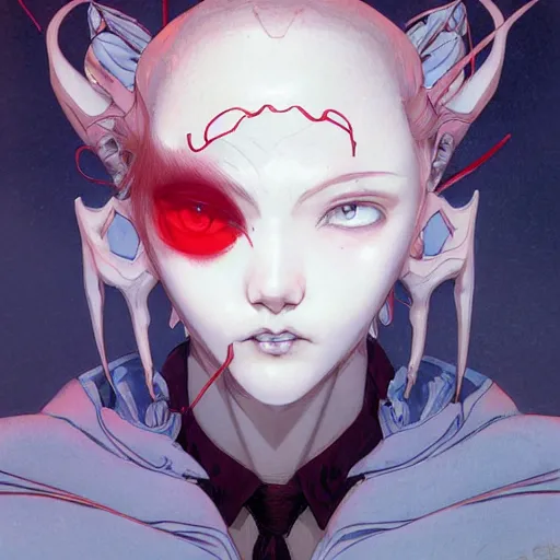 Image similar to prompt : vampire character portrait soft light painted by james jean and katsuhiro otomo and erik jones, inspired by evangeleon anime, smooth face feature, intricate oil painting, high detail illustration, sharp high detail, manga and anime 1 9 9 9