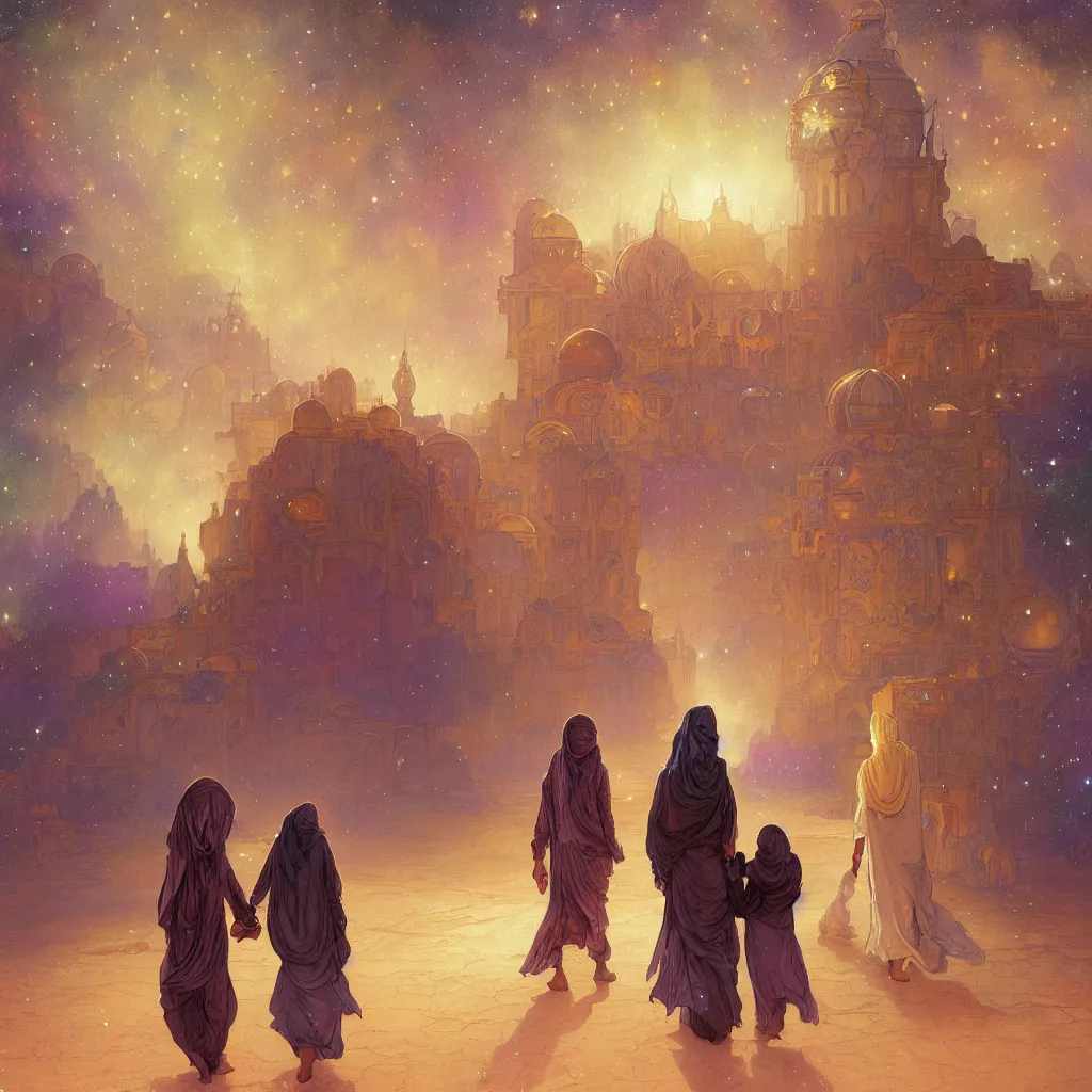 Image similar to bedouin man and woman and child in galaxy walking towards mosque surrounded by nebula, highly detailed, gold filigree, romantic storybook fantasy, soft cinematic lighting, award, disney concept art watercolor illustration by mandy jurgens and alphonse mucha and alena aenami, pastel color palette, featured on artstation