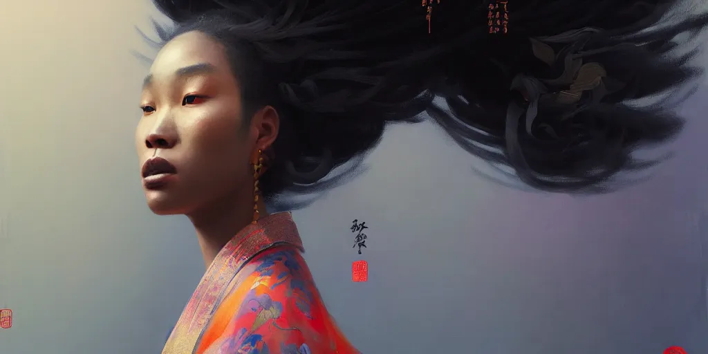 Image similar to sevhat, extremely detailed digital painting of a black woman wearing a kimono, in the style of fenghua zhong and ruan jia and jeremy lipking and peter mohrbacher, mystical colors, rim light, beautiful lighting, 8 k, stunning scene, raytracing, octane, trending on artstation