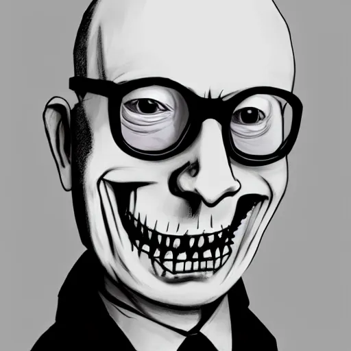 Image similar to grunge drawing of Klaus Schwab in the style of jack skellington and Jacob Shaw,creepy, surreal, trending on artstation, bold and vivid colour