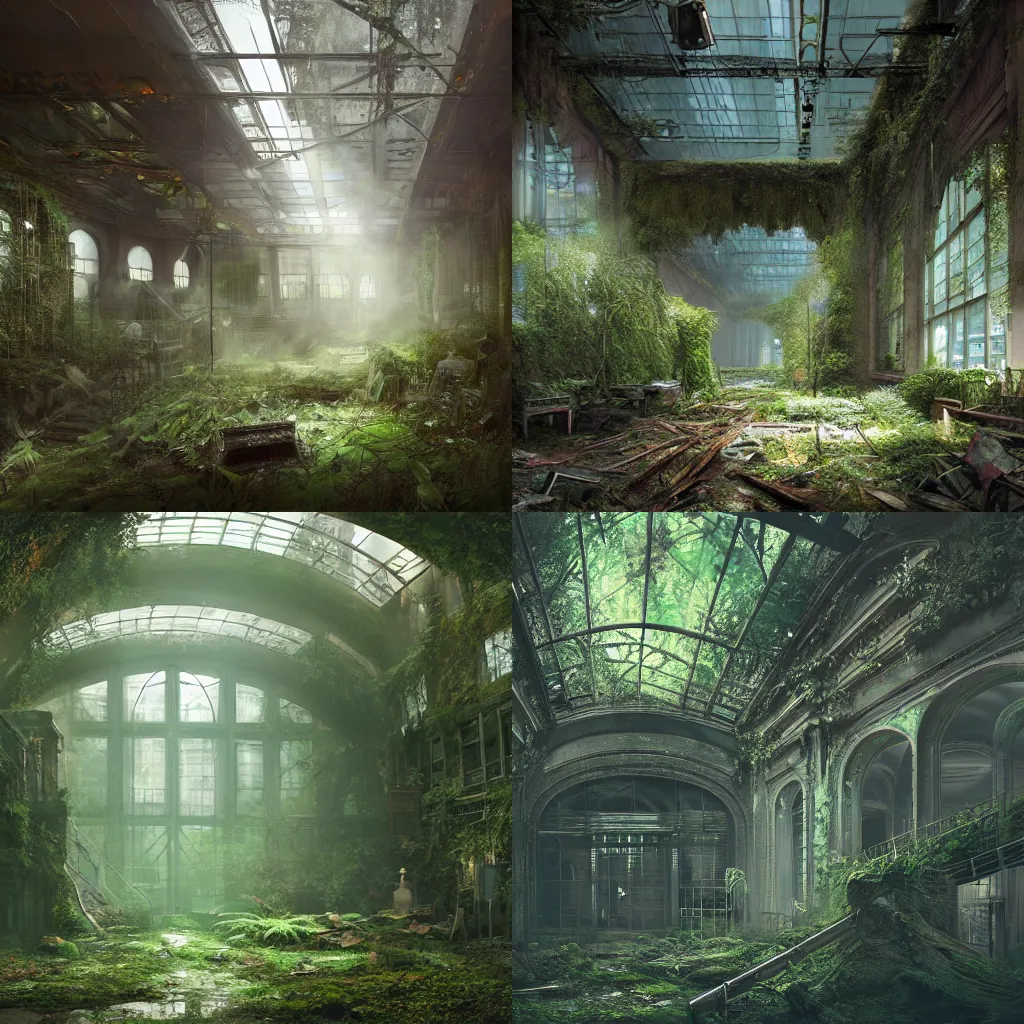 Prompt: interior of an overgrown abandoned museum in downtown New York city, moss atmospheric, kodak, fuji film, photoreal, 12k ursa, volumetric light, cinematic photograph concept art, intricate, artstation, studio ghibli, eddie mendoza, james chadderton