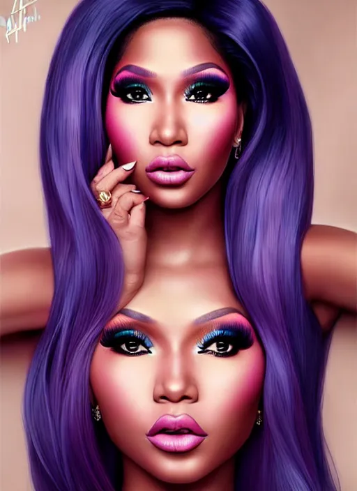 Image similar to a gorgeous rendition of nicki minaj, professionally retouched, soft lighting, realistic, smooth face, full body shot, torso, dress, perfect eyes, wide angle, sharp focus on eyes, 8 k high definition, insanely detailed, intricate, elegant, art by artgerm and jason chan and mark hill, safe for work