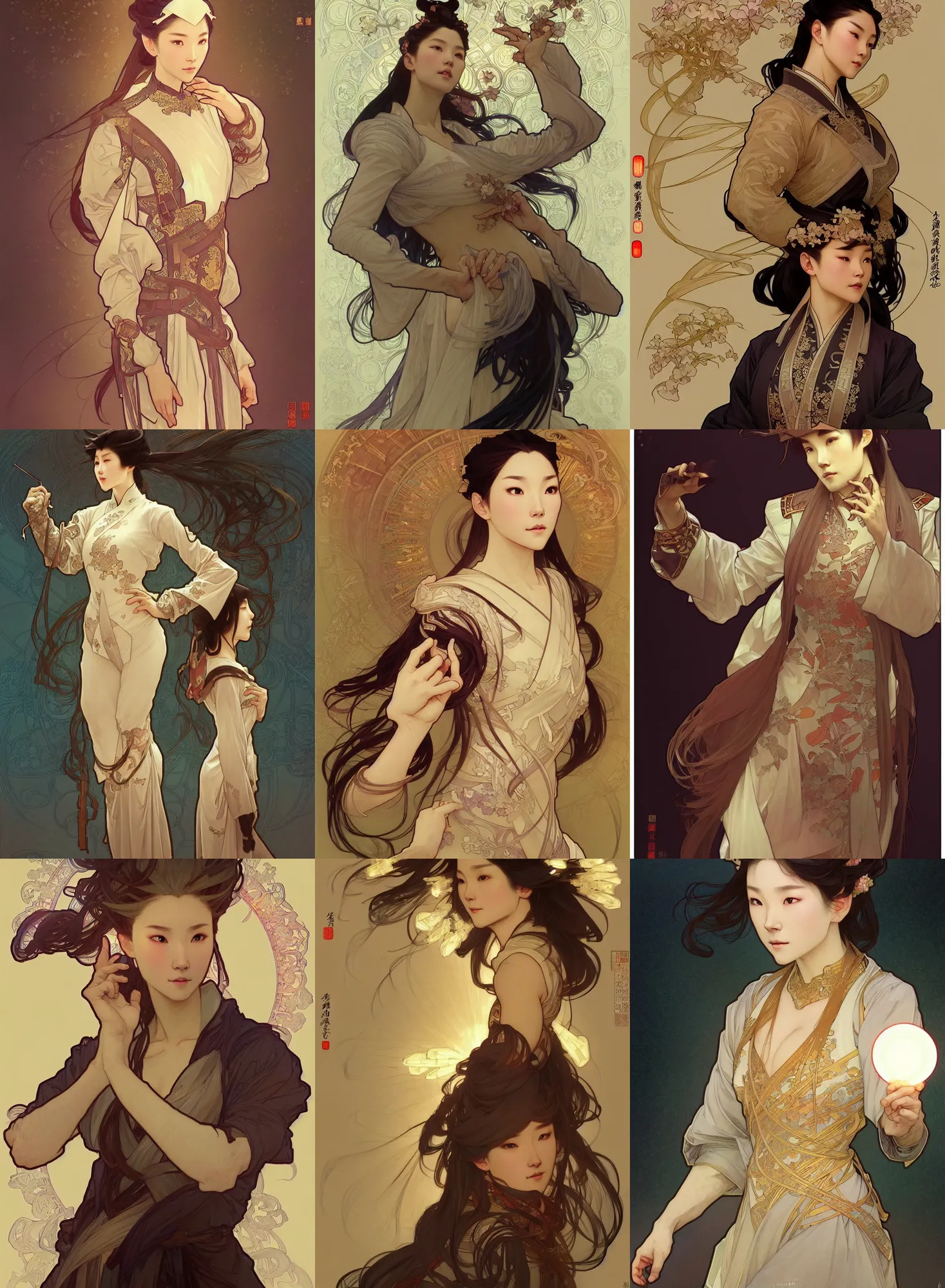 Image similar to a digital concept ar by artgerm and greg rutkowski and alphonse mucha. clear portrait of a lonely attractive elder in uniform of tang dynasty!! tang dynasty book, light effect. hyper detailed, character concept, full body!! t pose!! glowing lights!! intricate, elegant, digital painting, artstation, smooth, sharp focus