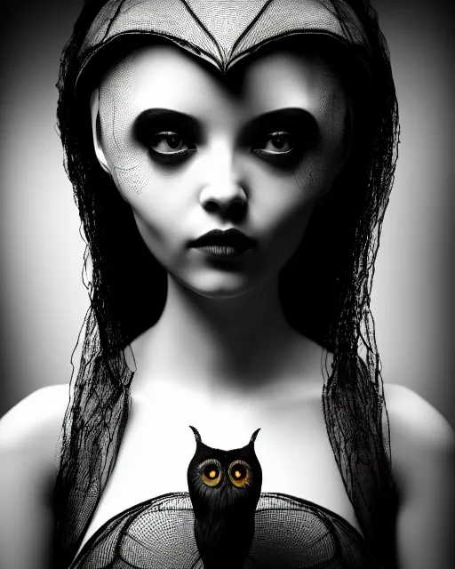 Prompt: surreal mythical dreamy dark artistic black and white fine art 3 / 4 fashion portrait photo of a young beautiful delicate female robot - witch - owl with orchid - doll face, rim light, cinematic, studio dramatic light, poetic, masterpiece, octane render, 8 k, photo - realistic by gustave dore william black