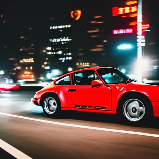 Prompt: photo of a porsche 9 1 1 at night driving fast through a city, cinematic, 4 k, long exposure photography, tokyo drift, fast and furious, kodak portra 4 0 0