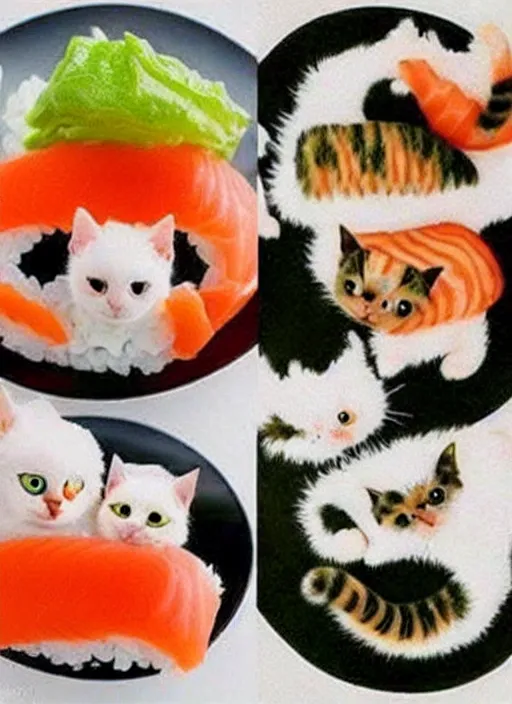 Image similar to clear photorealistic picture of adorable cats made out of sushi