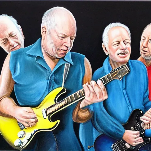 Image similar to “David Gilmour, Eric Clapton, Mark Knopfler and BB King playing guitar together, oil painting, 4k”