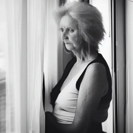 Image similar to black and white fashion photograph highly detailed portrait of a depressed beautiful mature model woman standing by the window, natural light, lomo, fashion photography, film grain, soft vignette, sigma 85mm f/1.4 1/10 sec shutter