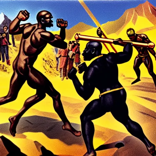 Image similar to black person with golden mace in hands fighting lenin in mountains, photorealistic