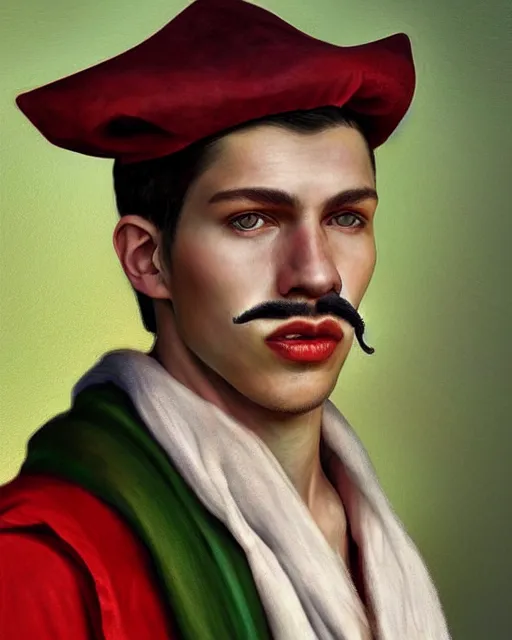 Prompt: portrait of a handsome young gaucho warrior, pale skin, green eyes, with a red scarf, long moustache, white shirt, art by denys tsiperko and bogdan rezunenko and gengoroh tagame, hyperrealism, fantasy art