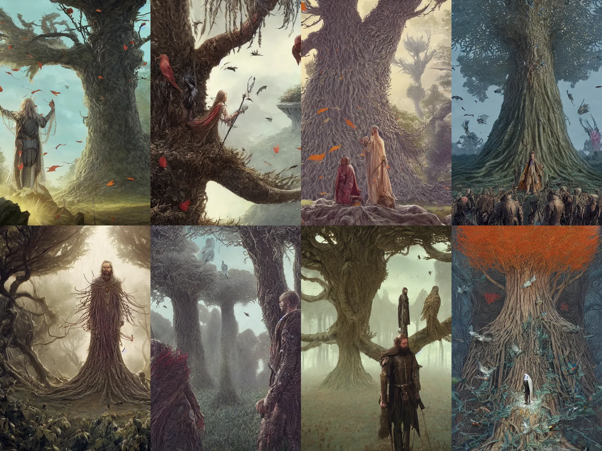 Prompt: king arthur with long hairs and birds in them stands in front of a giant tree , leaves flying around in the background, art by James Jean and Wayne Barlowe, high detail, cinematic, cgsociety 8k