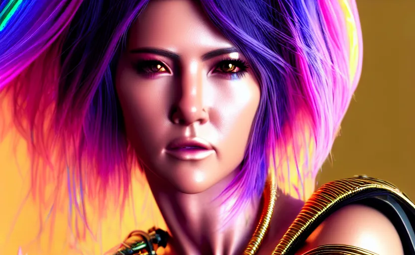 Prompt: hyperdetailed portrait of a stunningly beautiful cyberpunk jennifer anniston with short dark hair guard made of iridescent metals and shiny pink gems, bright rainbow nimbus, gold necklace, gold background inspired by ross tran and masamune shirow and kuvshinov, intricate, photorealistic, octane render, rtx, hdr, unreal engine, dnd digital art by artgerm