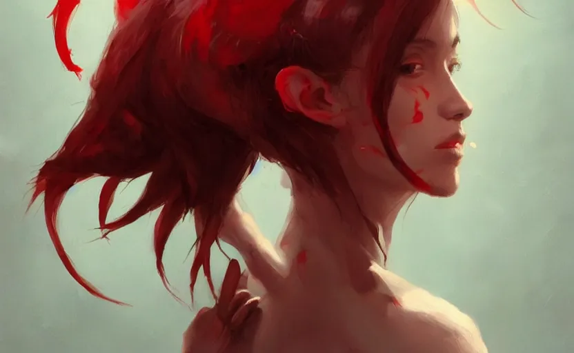 Image similar to a painting of aki trending on artstation in the style of greg rutkowski, beautiful, sensual, natural skin, red horns on head, long black hair