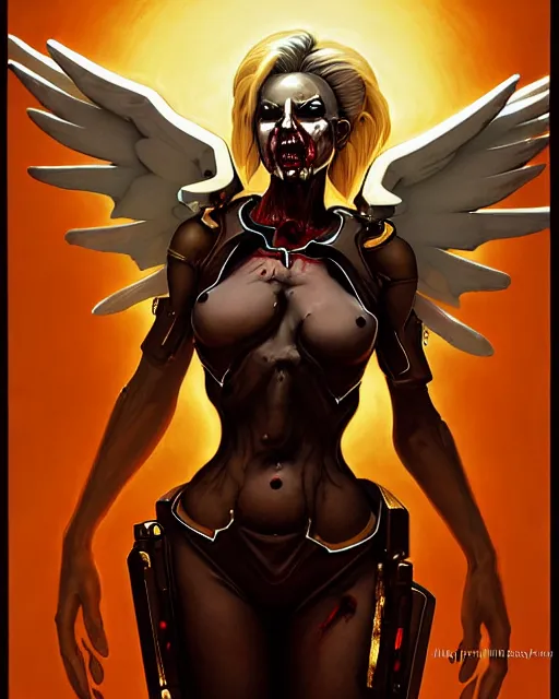 Prompt: mercy from overwatch, evil zombie angel, halo, gold and white, character portrait, portrait, close up, concept art, intricate details, highly detailed, horror poster, horror, vintage horror art, realistic, terrifying, in the style of michael whelan, beksinski, and gustave dore