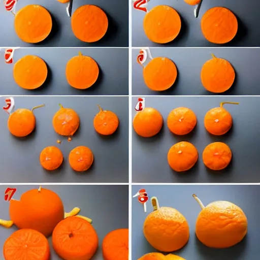 Image similar to making of an edible giraffe from an orange in 4 steps, each step is a progression from the last, starting from a whole orange, the beautiful'how to make food art step by step collection ', dslr