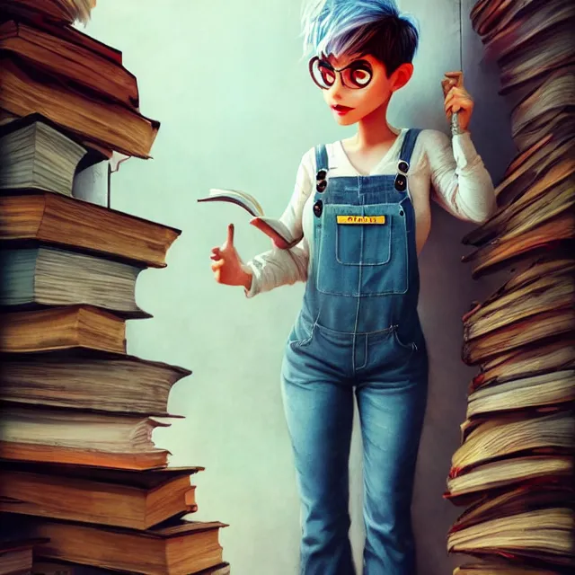 Image similar to full body pose, beautiful adult book fairy, pixar, short white hair shaved sides, dirty, grungy, grunge, long sleeve, painted overalls, stacks of giant books, highly detailed, 4 k, hdr, smooth, sharp focus, high resolution, award - winning photo, artgerm, photorealistic