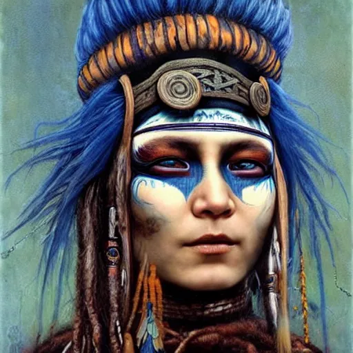 Prompt: A young blindfolded shaman woman with a decorated headband, in the style of heilung, blue hair dreadlocks and wood on her head., made by karol bak ans shaun tan