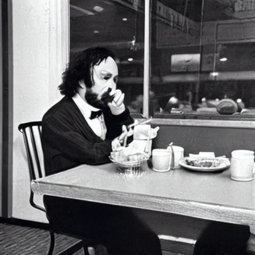 Prompt: edgar allen poe eating at a diner, photography, 8 k, 6 0 s,