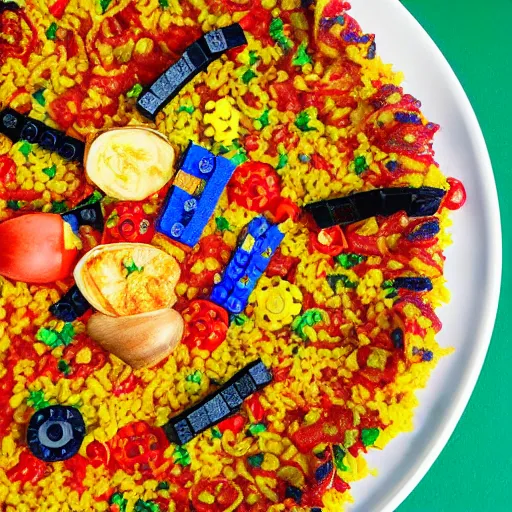 Image similar to a paella made with lego pieces.