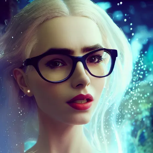 Prompt: abeautiful + blonde + dragon queen + white hair + cool black glasses + holding pistol + tights + lily collins, floating under the deep dream water, beautiful smooth soft light + white petal, oil paint, cinematic lighting, octane render, unreal engine 5, closeup, 4 k, highly detailed, instagram,