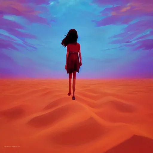 Prompt: closeup gigantic dahlia flower under head, a girl walking between dunes, surreal photography, sunrise, blue sky, dramatic light, impressionist painting, digital painting, artstation, simon stalenhag