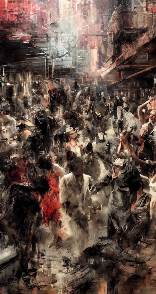 Image similar to painting of patients partying outside the dance club during a war, by Jeremy Mann and Jason Jenicke, highly detailed, stylized, loose brush strokes, intricate, realistic, exaggerated lighting, dramatic lighting, sense of scale, sense of movement, sensual