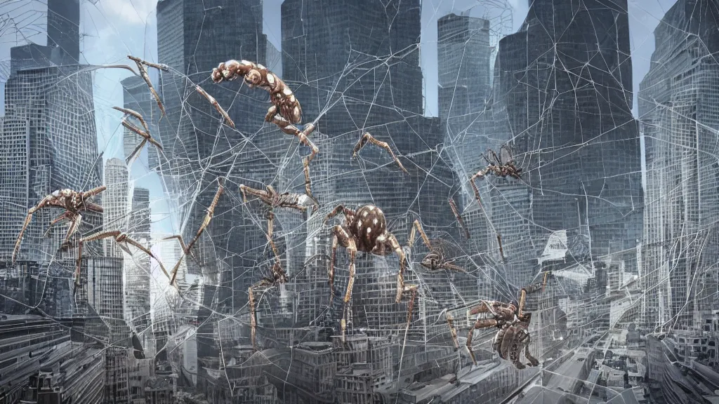 Image similar to giant arachnids attacking the city, realistic, arachnophobia