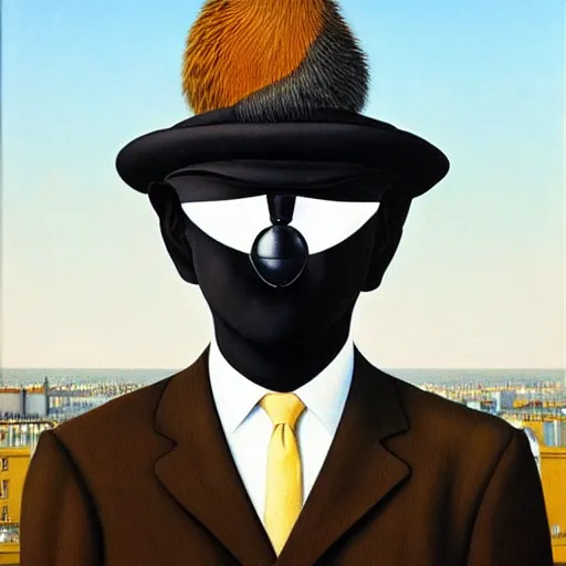 Image similar to a magritte painting masterpiece exposed in Paris : a racoon with a hat , This 4K HD image is Trending on Artstation, featured on Behance, well-rendered, extra crisp