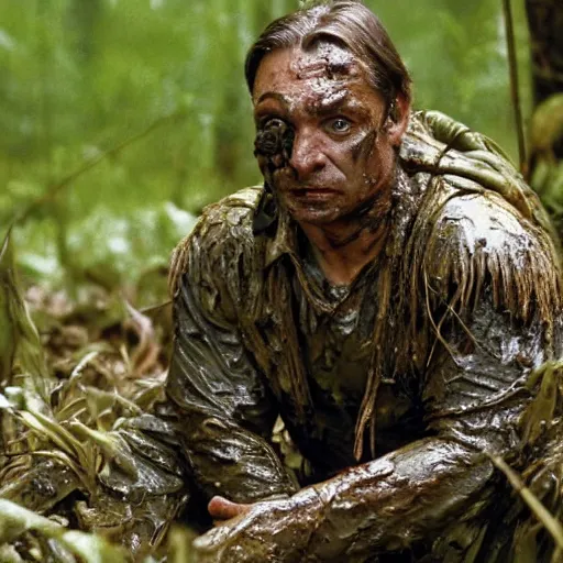 Image similar to film still of viktor orban as major dutch, covered in mud and hiding from the predator predator predator in swamp scene in 1 9 8 7 movie predator, hd, 4 k