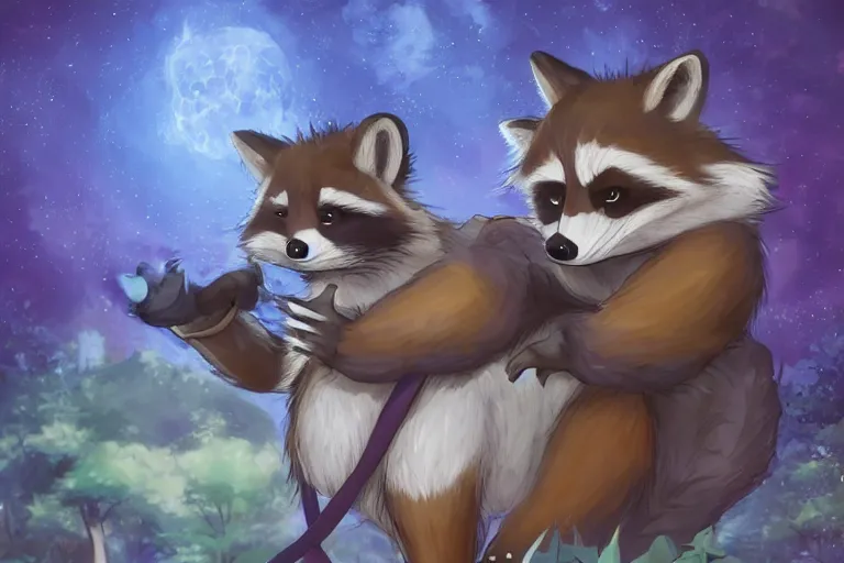 Image similar to an anthro anthro raccoon, riding an oversized fox through a forest, glowing with silver light, today's featured anime still, 1 6 k, character design, furry art, furaffinity