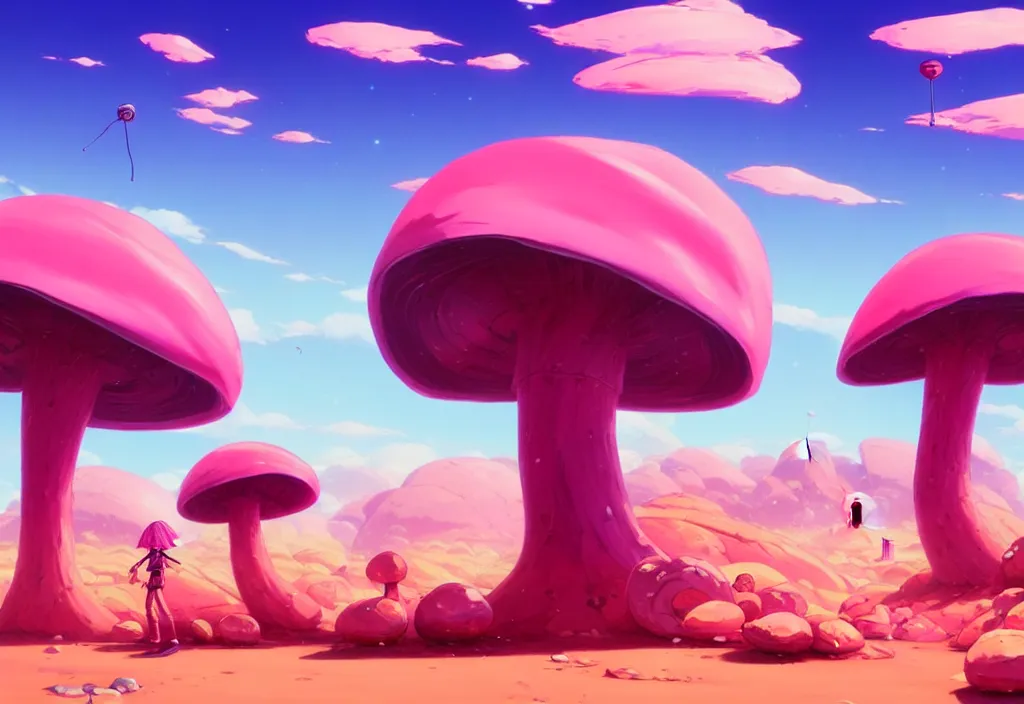 Prompt: futuristic giant pink mushrooms in a desert, rocks, weeds, pennant in the wind, intricate oil painting, high detail illustration, sharp high detail, manga and anime 1 9 9 9, official fanart behance hd artstation by jesper ejsing and makoto shinkai, 4 k,