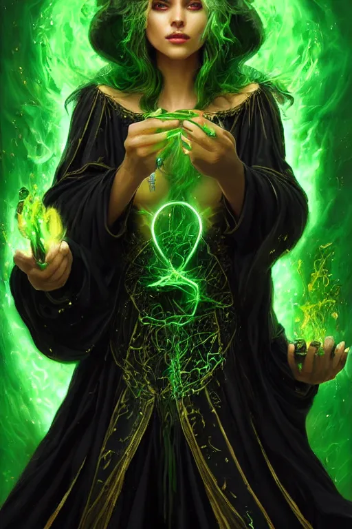 Image similar to a portrait of a beautiful sorceress wearing a black robe with gold embroidery, casting a spell, green glows, painted by artgerm and tom bagshaw, in the style of magic the gathering, highly detailed digital art