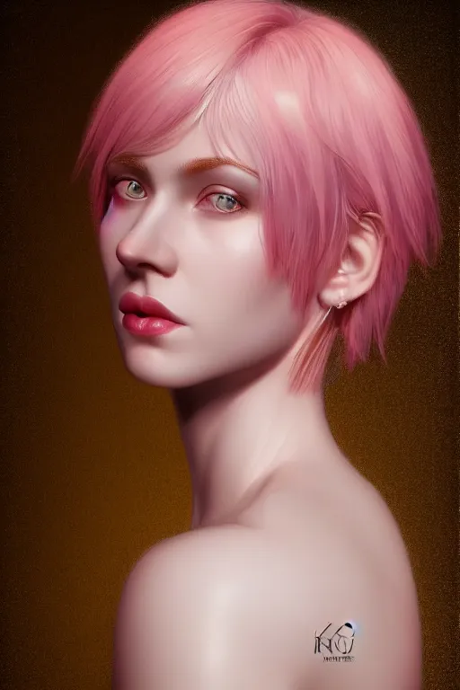 Image similar to Portrait of a beautiful pale skin Nordic female with short pink hair, elegant, photorealistic, highly detailed, artstation, smooth, sharp focus, gold ornaments, neon lighting, sci-fi, art by Klimt.