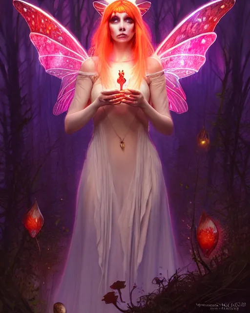 Image similar to stunningly beautiful female faerie priestess in amanita muscaria forest landscape, symmetrical wings on back, neon hair, fantasy art, dark light night, sharp focus, digital painting, 4 k, concept art, art by wlop, greg rutkowski and alphonse mucha, brom, face by otto schmidt