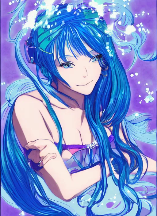 Image similar to a woman with blue hair sitting underwater, a beautiful anime drawing by yuumei, featured on pixiv, rayonism, pixiv, seapunk, anime, detailed