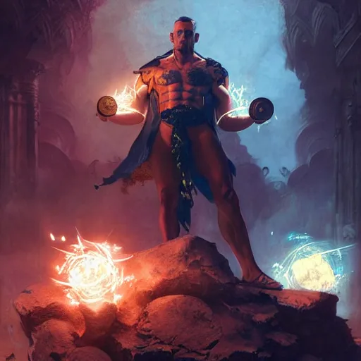 Image similar to tattooed gym bro mage in an earth blast magic spell vfx, diagonal spell vfx, fantasy game spell, fantasy epic digital art, by greg rutkowski, gaston bussiere, craig mullins, j. c. leyendecker, tom of finland