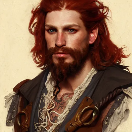 Image similar to portrait of a young rugged pirate, male, masculine, upper body, red hair, long hair, d & d, fantasy, intricate, elegant, highly detailed, digital painting, artstation, concept art, matte, sharp focus, illustration, art by artgerm and greg rutkowski and alphonse mucha