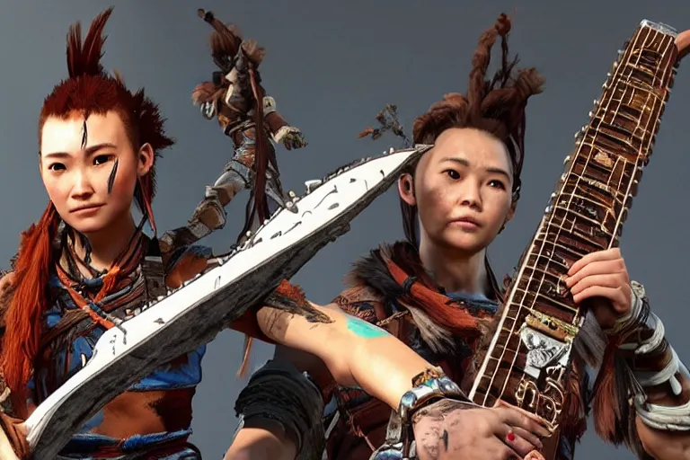 Image similar to aloy from the horizon zero dawn videogame playing a bc rich guitar with kratos from the god of war videogame