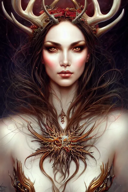 Prompt: a female sorceress with antlers by karol bak and vargas, beautiful detailed eyes, cute, fantasy, intricate, elegant, highly detailed, digital painting, 4 k, hdr, concept art, detailed jewelry, smooth, sharp focus, illustration, art by artgerm