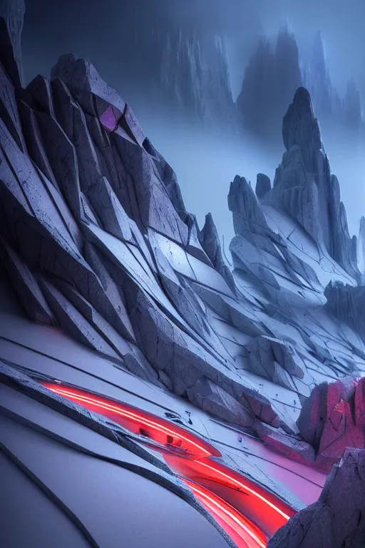 Image similar to futuristic atmosphere in the snowy craggy mountains dolomites 3 d concept art, neon lights, cinematic lighting, rule of thirds, depth of field, intricate details, building by zaha hadid, stormy weather, emissary space by arthur haas and bruce pennington and john schoenherr, cinematic matte painting, dark moody colors, trending on artstation, featured on behance