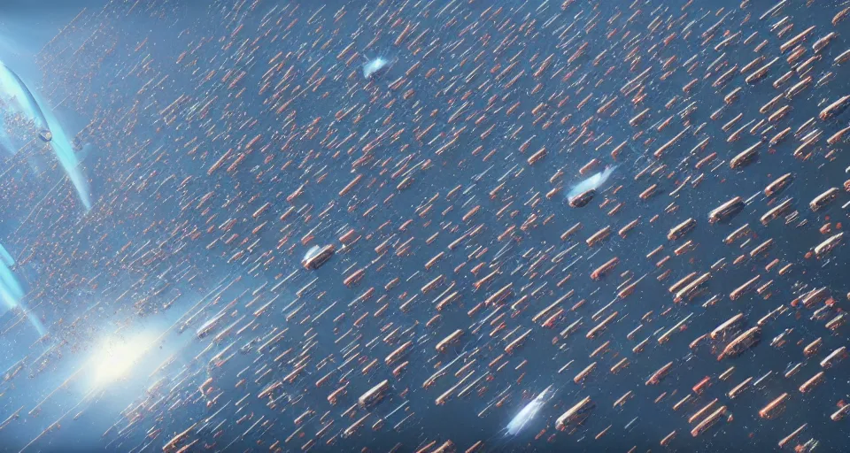 Prompt: a million passenger spaceships in formation migrating in outer space, dutch angle from space view, concept art, high detail, intimidating, epic scale ultrawide angle, stunning, epic, great migration, cinematic, Artstation trending, octane render, hyperrealistic, Cryengine 8k UHD