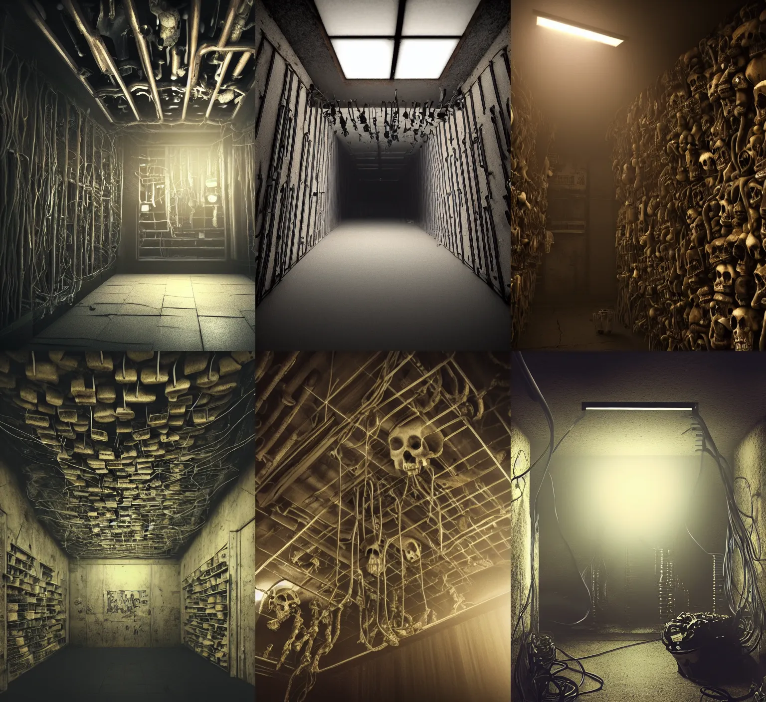 Prompt: creepy low angle shot of a metal room with tubes and cables coming out of a hole in the broken ceiling and a bookshelf filled with skulls on the back wall, dramatic lighting, moody lighting, dark colors, golden ratio, rule of thirds, environmental design, cinematic low angle, dutch tilt, 8 k, realistic lighting, realistic shading, octane render