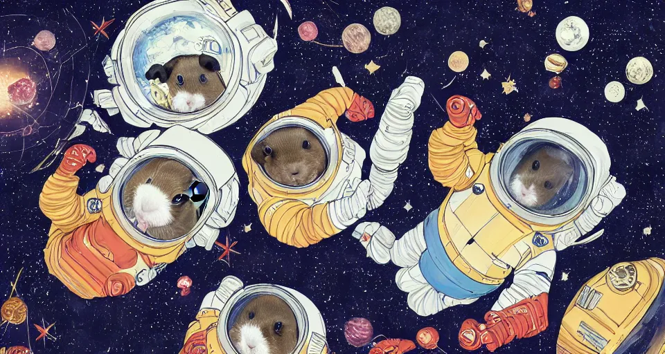 Image similar to guineapigs's portrait on the cover of vogue magazine flying in space suits, deep dark universe, twinkling and spiral nubela, warmhole, beautiful stars, 4 k, 8 k, by hokusai, samurai man vagabond, detailed, editorial illustration, matte print, concept art, ink style, sketch, digital 2 d