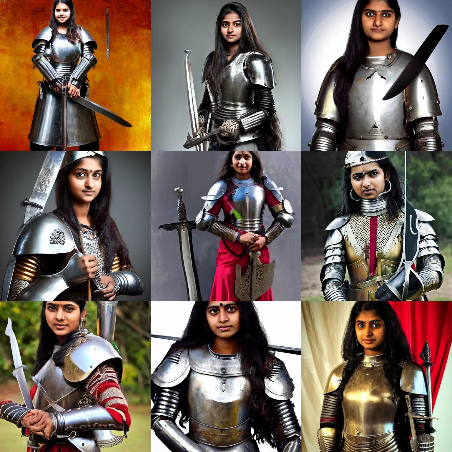 Prompt: High quality photo of a young Indian woman medieval knight, with long hair, in a suit of armour, holding a sword