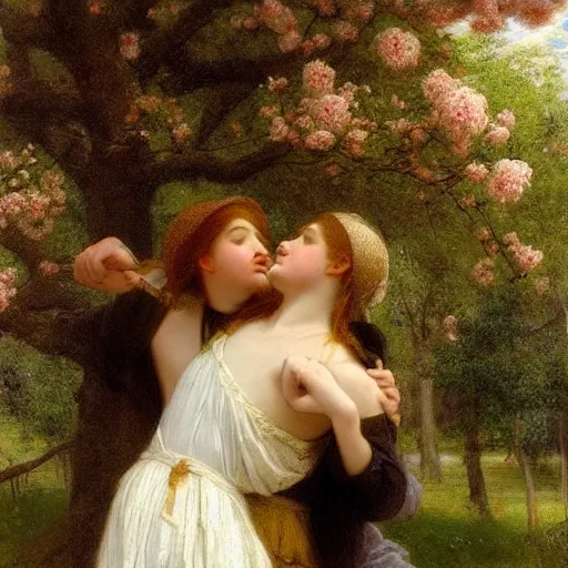 Image similar to Springtime, by Pierre-Auguste Cot, depicting two adult male lovers