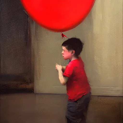 Image similar to lonely kid with a red balloon, gloomy, painting by jeremy mann